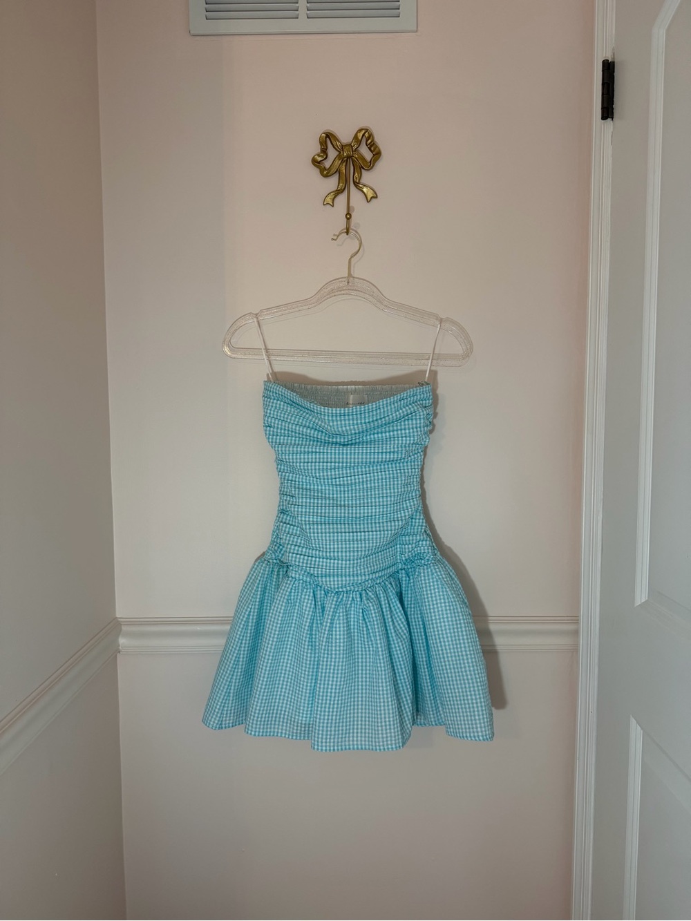 Line & Dot Blue Gingham Strapless Mini Dress